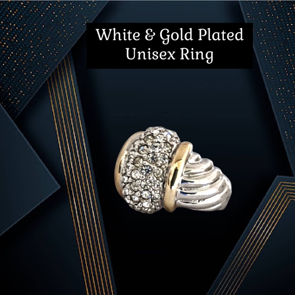 .Unisex White & Yellow Gold Plated Ring w/Clear Rhinestones - Picture 2 of 4